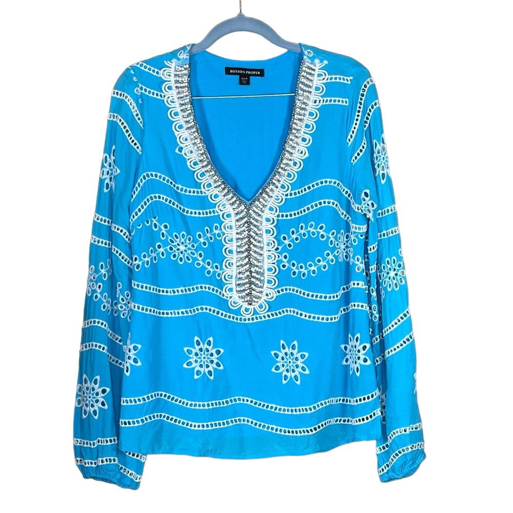 Boston Proper Women’s Turquoise & White Beaded Eyelet Blouse Medium